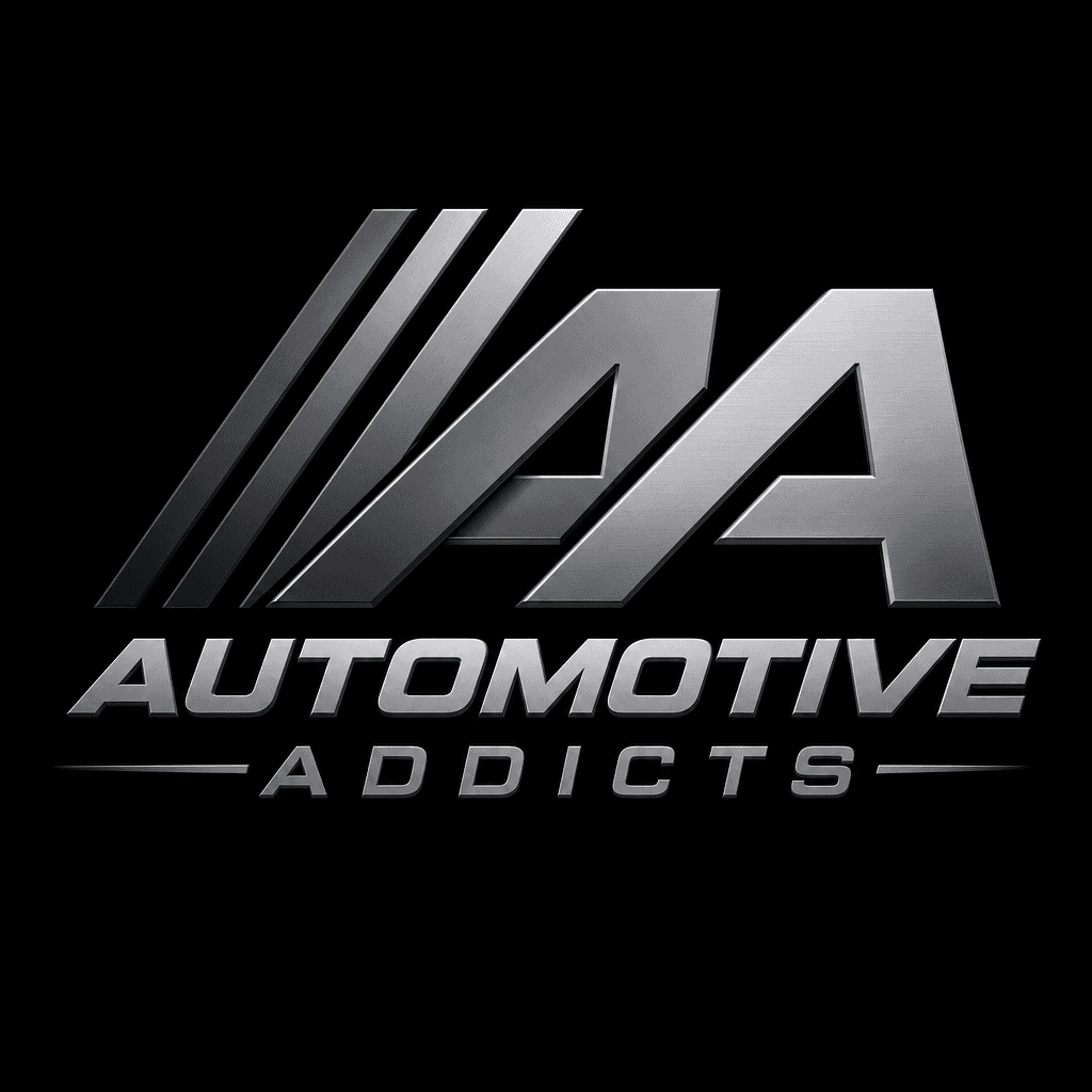 Logo for Automotive Addicts with sleek diagonal stripes and metallic gray palette, featuring bold sans-serif font.