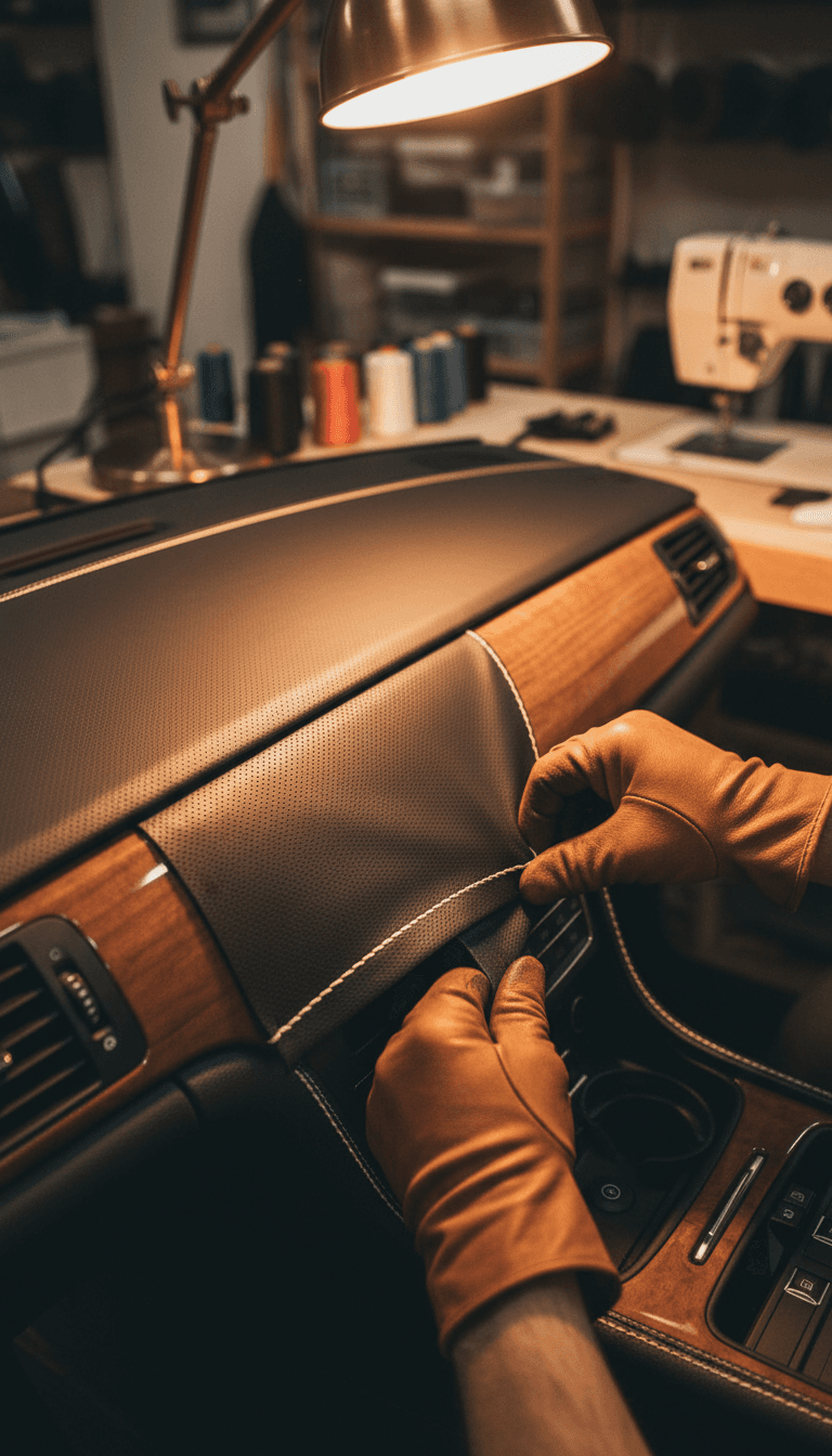 Custom leather upholstery stitch work on a dashboard