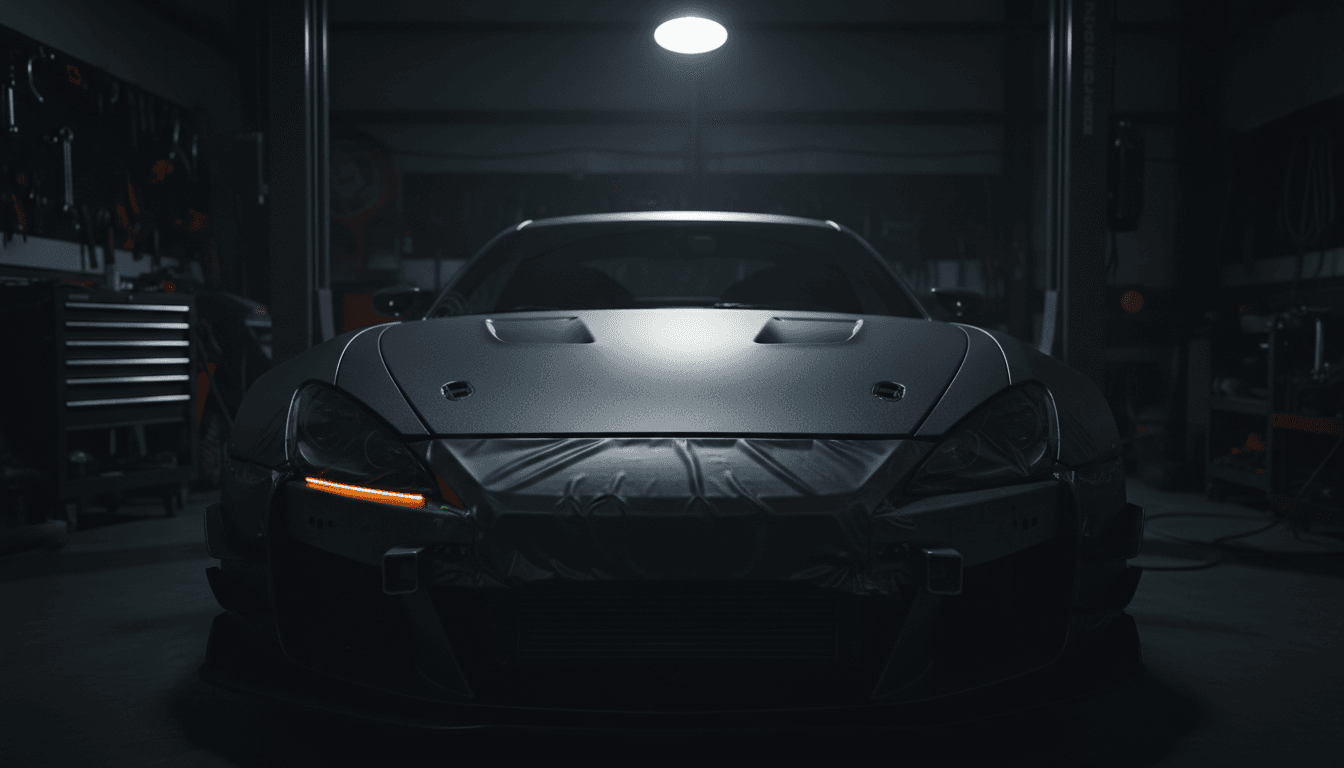 Close-up of a matte vinyl-wrapped car hood in a dimly lit workshop, with a single overhead light highlighting the texture
