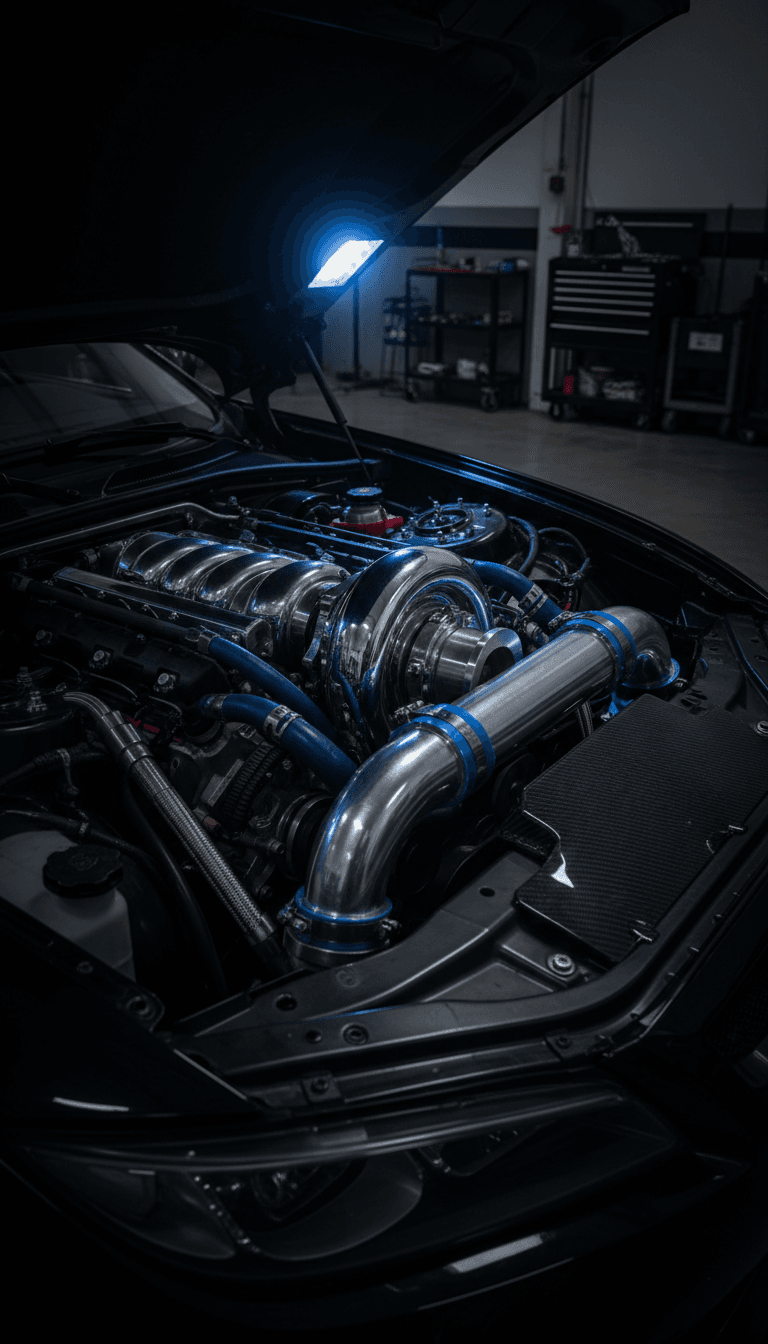 Turbocharger install in a sports car engine bay