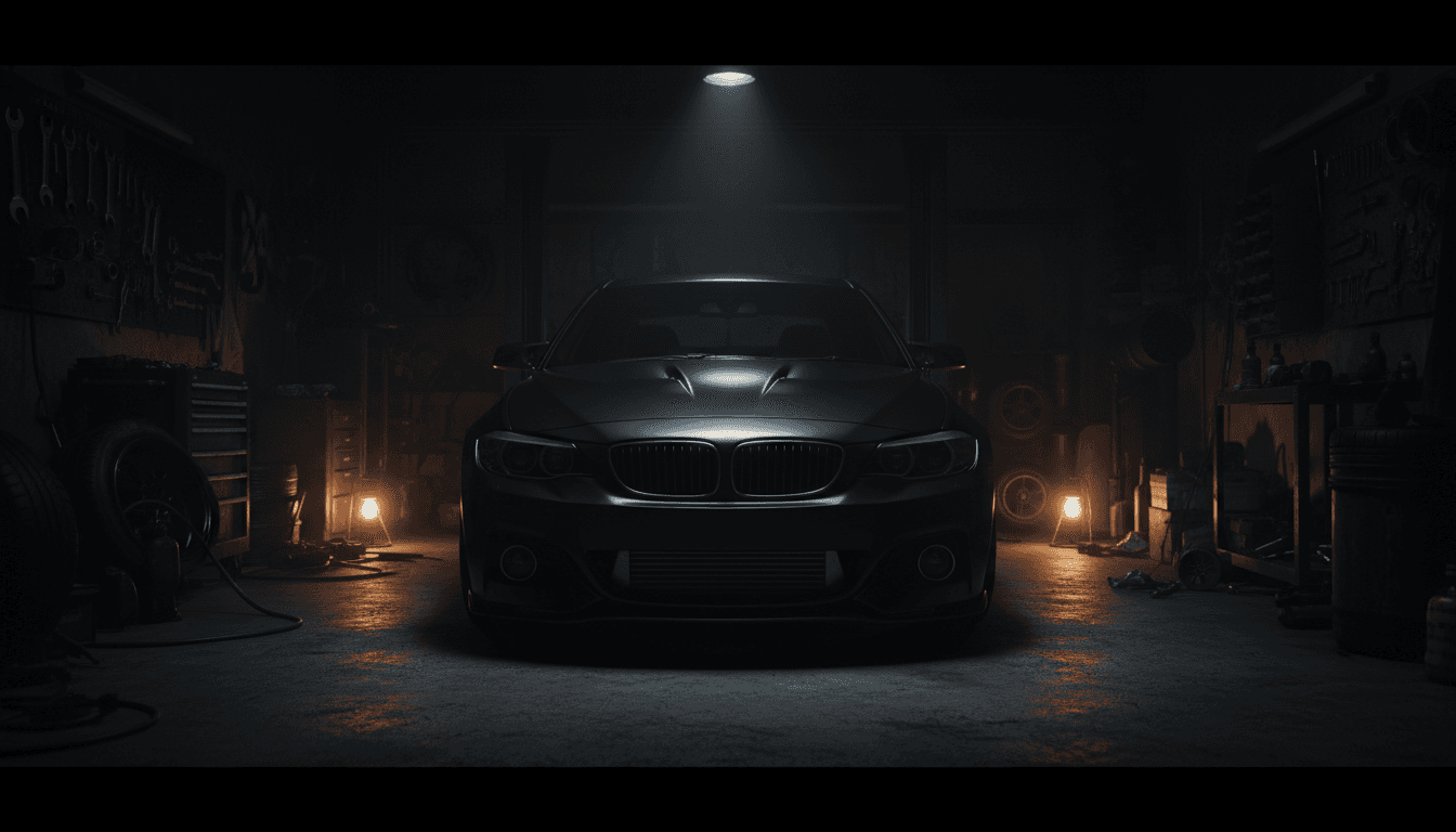 Modified car in a garage bay with dramatic workshop lighting