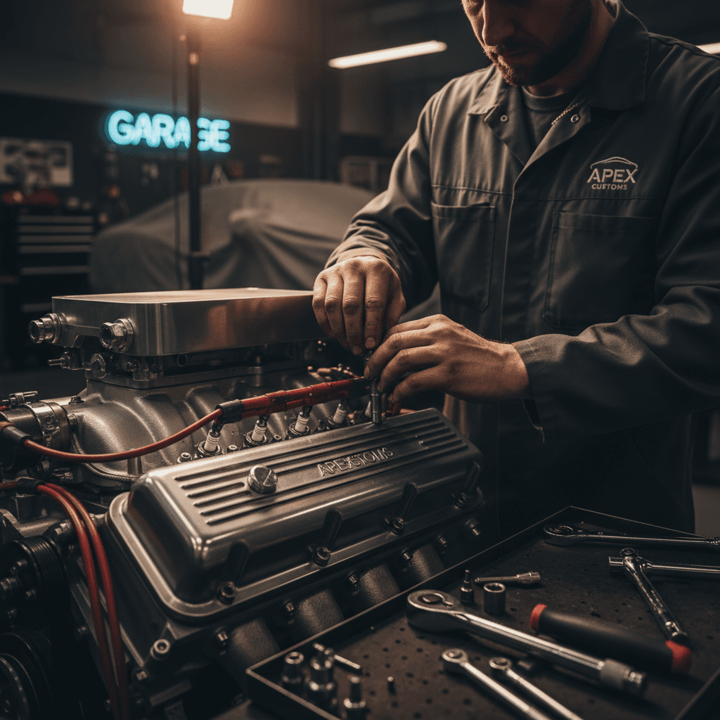 Mechanic's hands adjusting a custom engine component in a dim workshop