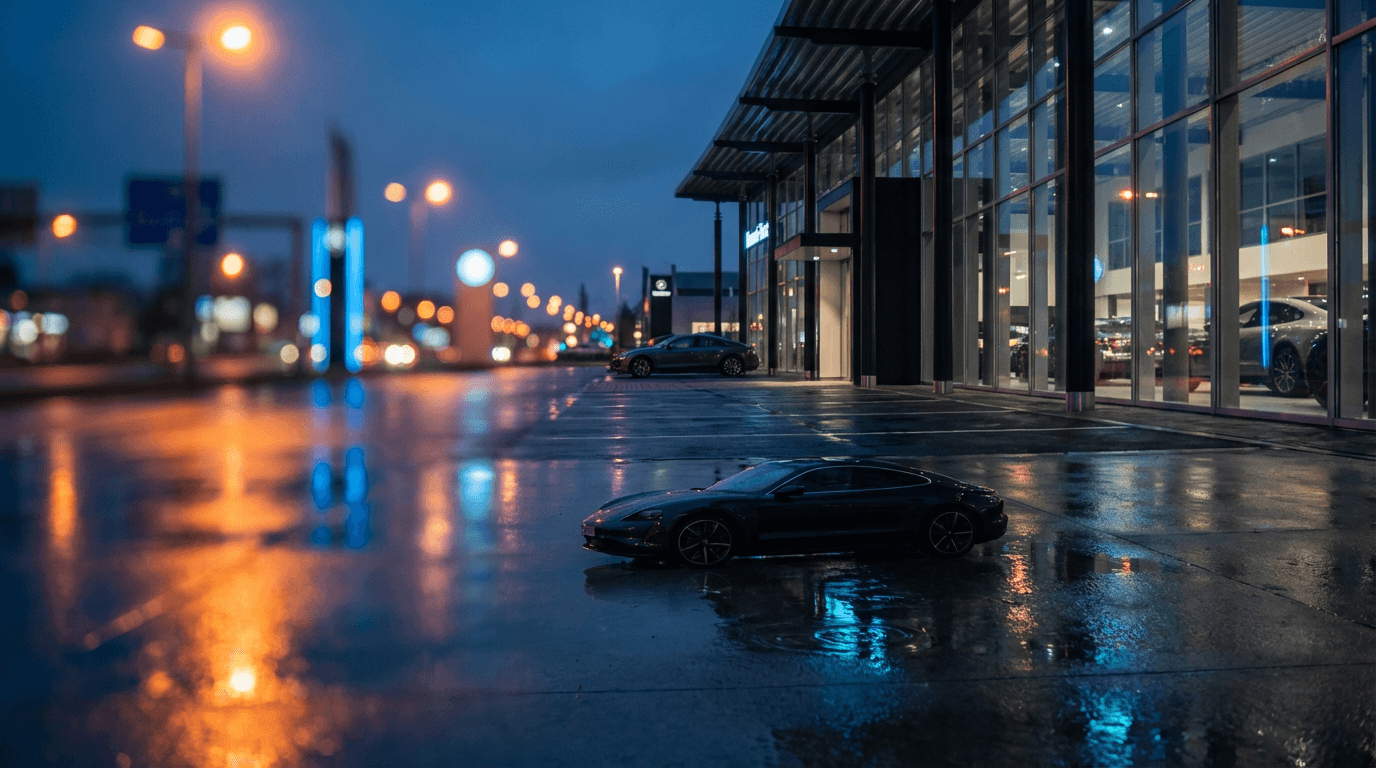 Lowered sedan with custom wheels parked under streetlight at dusk