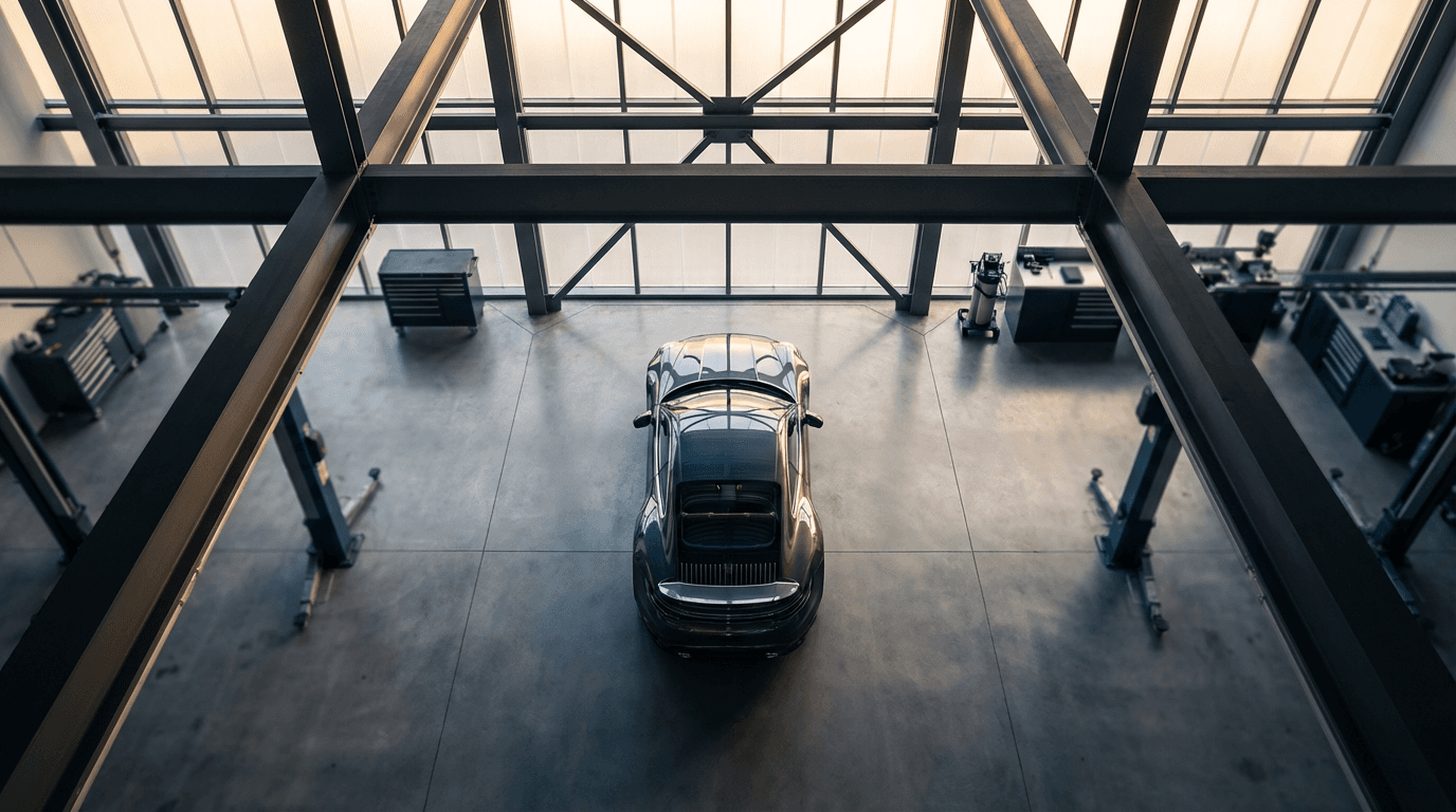 Modified car on a lift in a professional workshop with tuning equipment visible