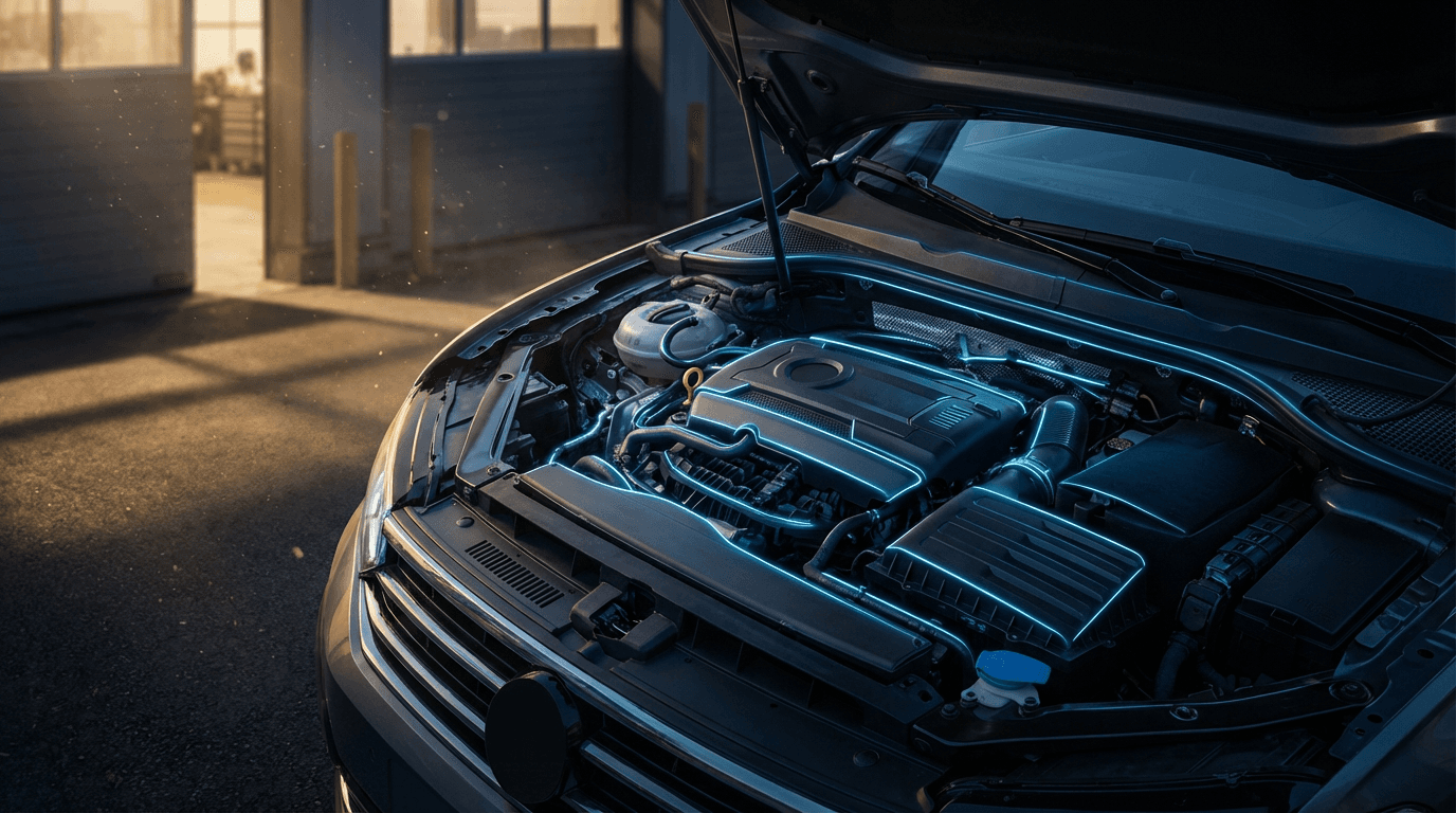 ECU tuning laptop connected to engine bay